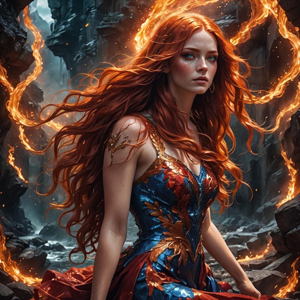 Fantasy Girl with Red Hair in Art Nouveau Style