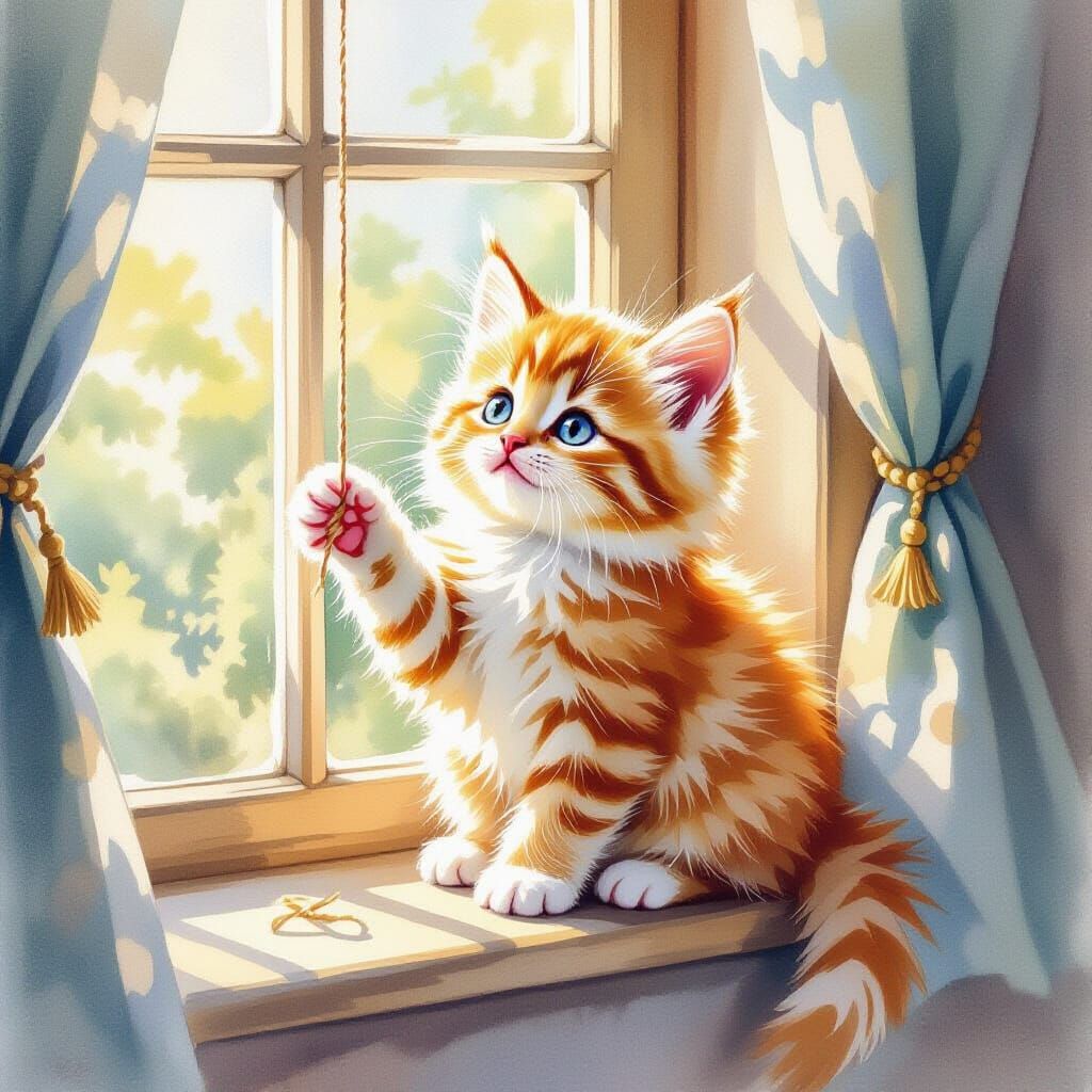 Fluffy Ginger Kitten on Sunny Windowsill