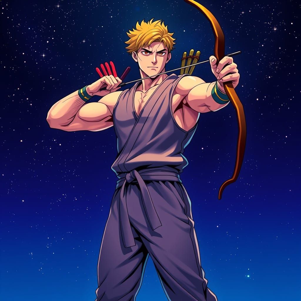 Cyberpunk-Inspired Anime Archer in Starry Night Sky
