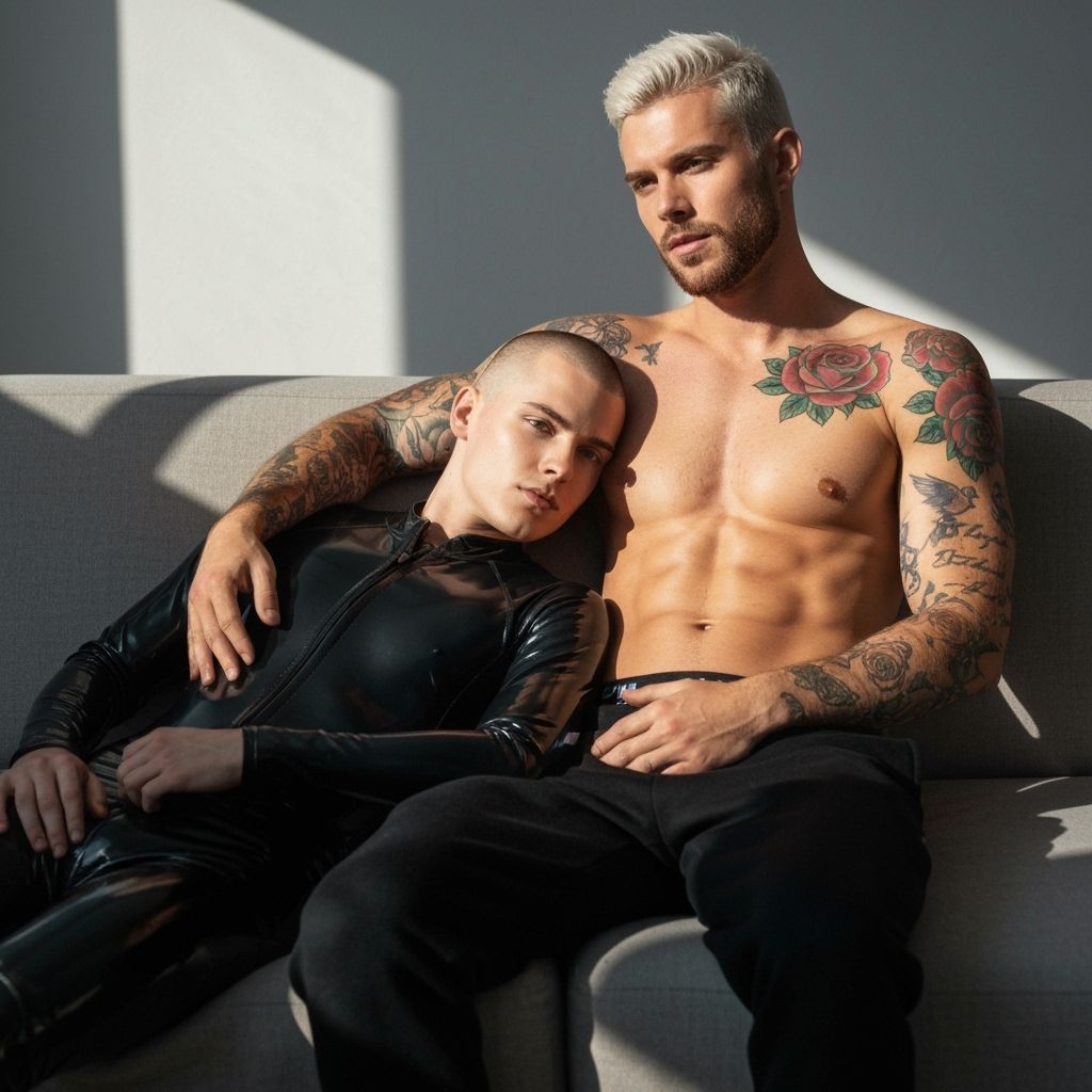 Intimate Portrait of Two Men on Sofa with Dramatic Lighting