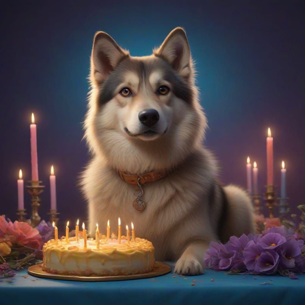 Blonde Shepsky in Front of Birthday Cake in Fantasy Realm St...