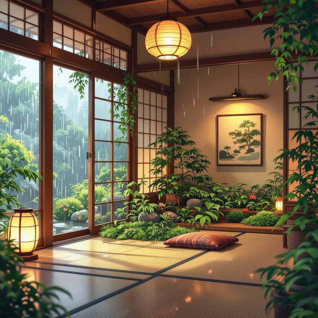 Serene Japanese Garden Room in Ghibli Style