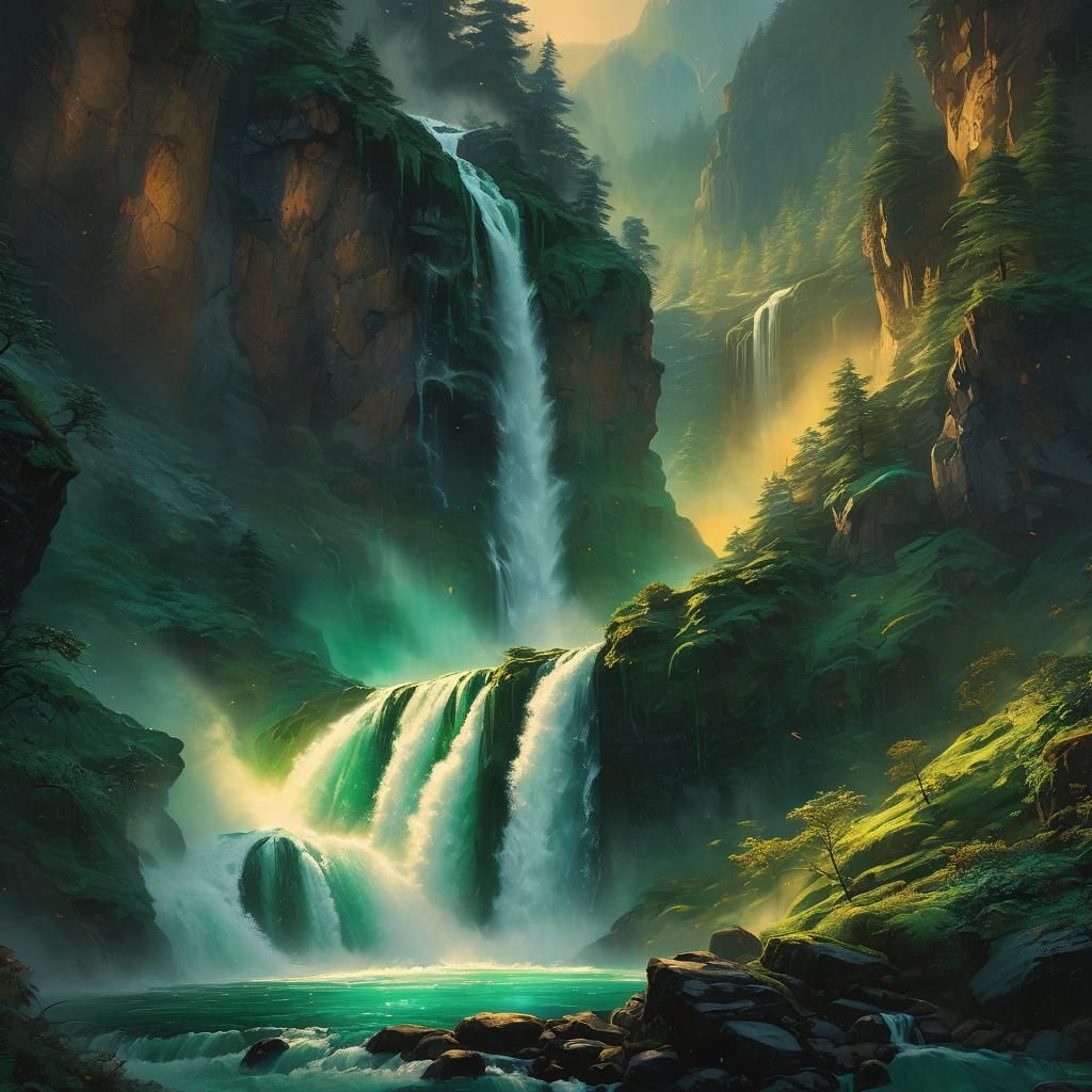Emerald Waterfall in Oriental Impasto Style