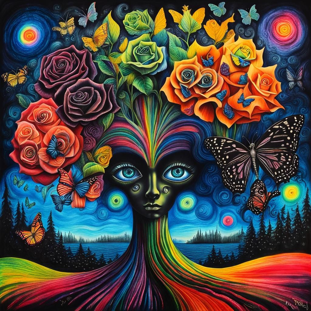 Surreal Crayon Drawing of Goth Woman with Fairy