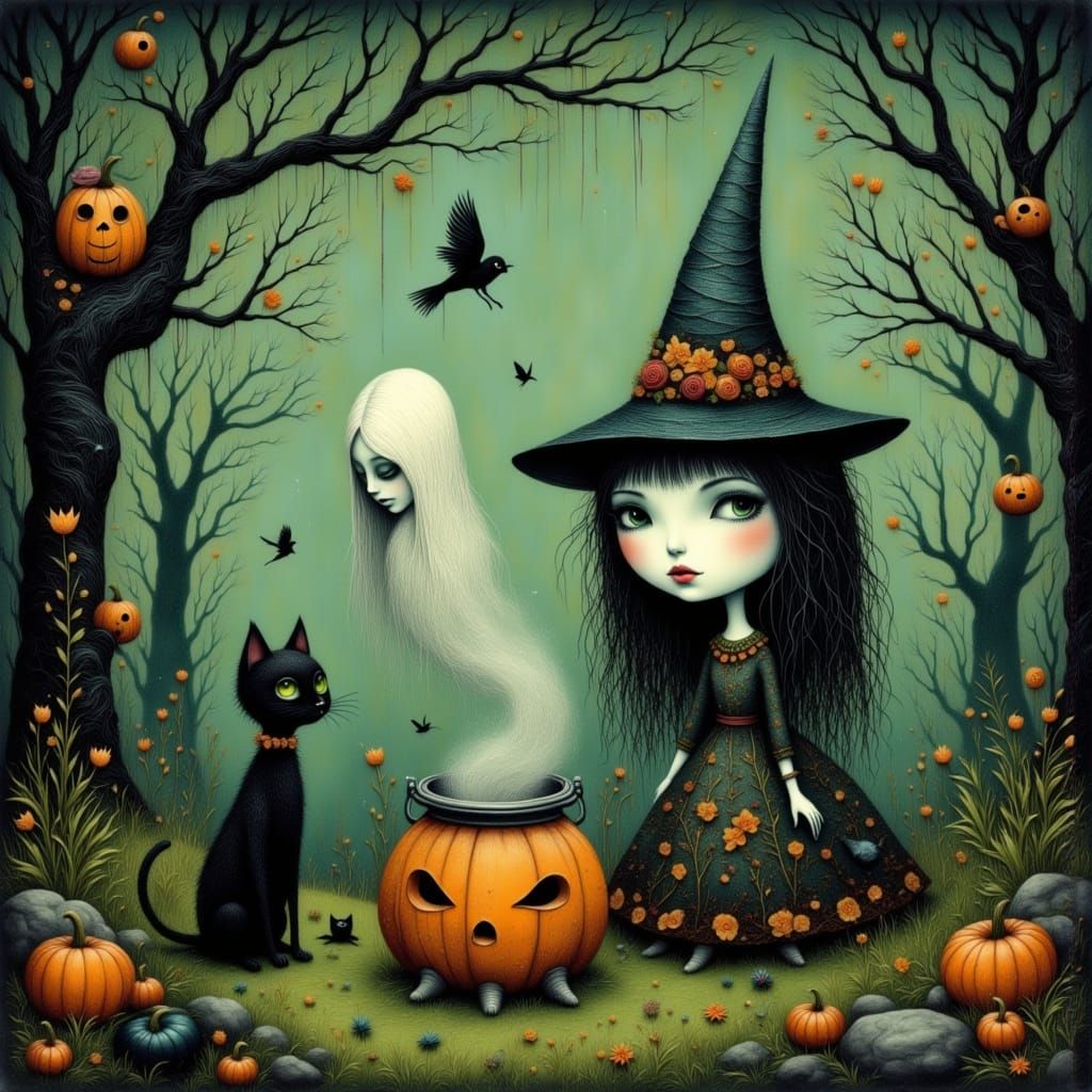 Halloween Witch Casting Spell in Spooky Forest