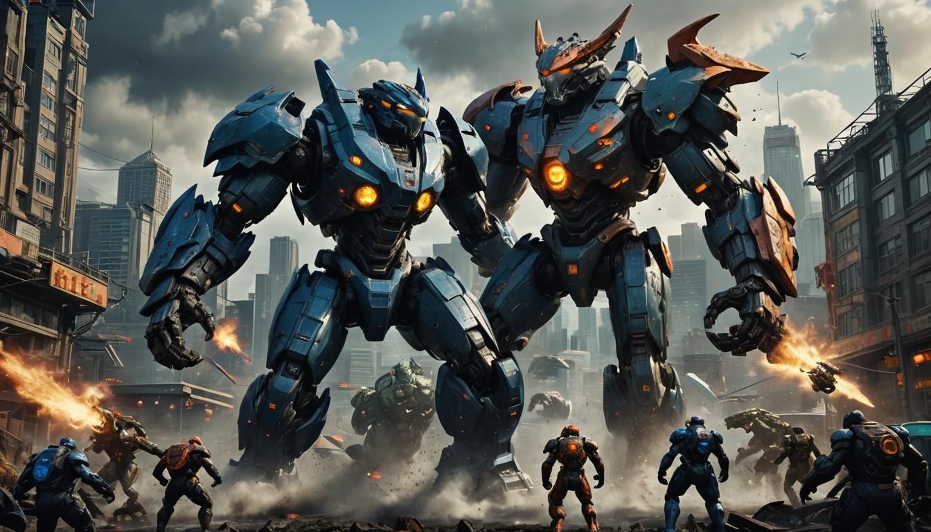 Epic Mecha vs Kaiju Battle in a Matte Painting