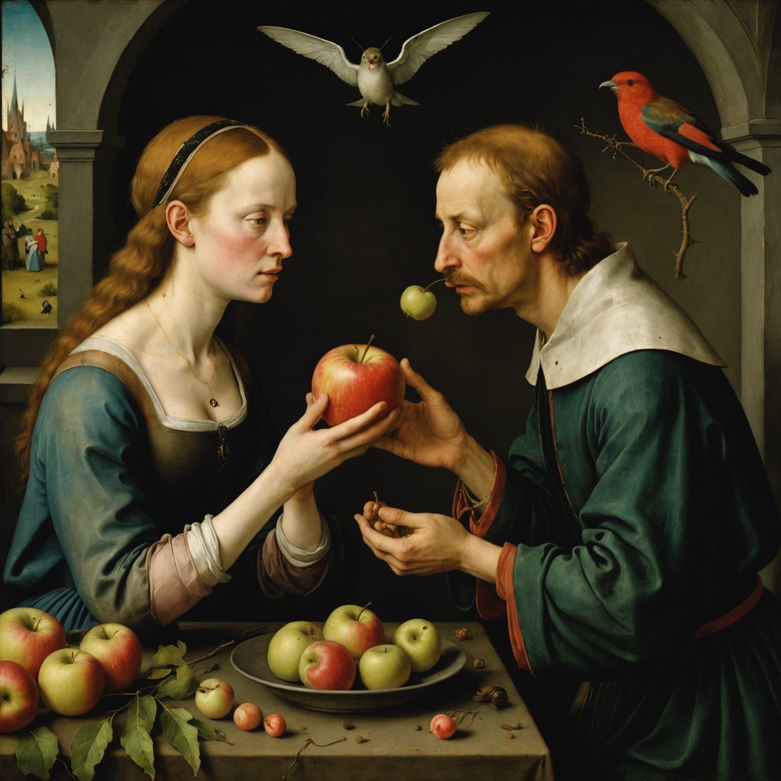 Eve Offers Adam a Golden Apple in a Hyperrealistic Masterpie...