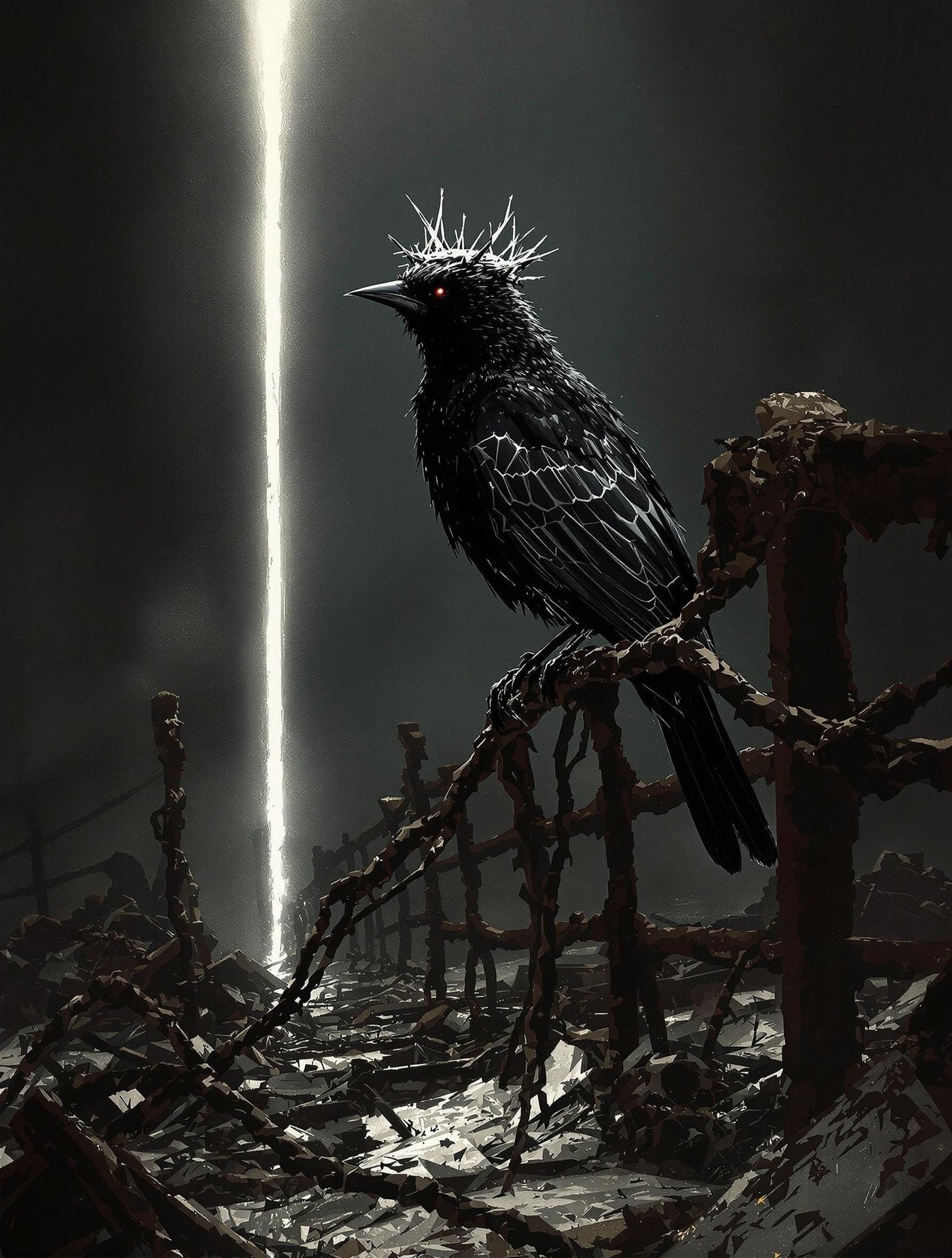 Noir Digital Painting of Nightingale in Desolate Landscape