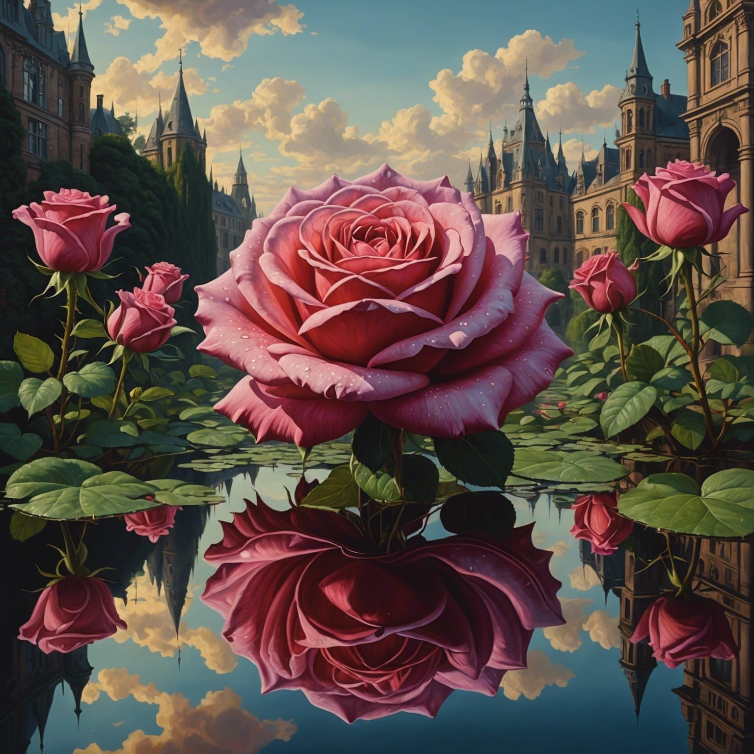 Surreal Rose Reflections in Oil on Canvas