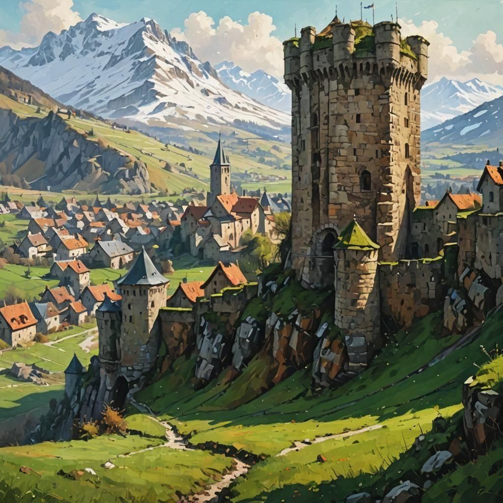 Medieval Tower Oil Painting with Snowy Mountain Backdrop