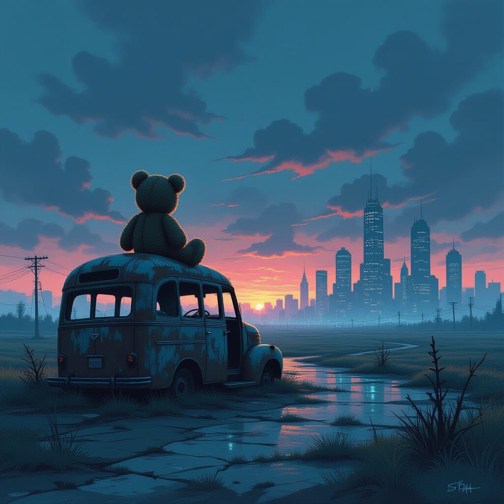 Tattered Teddy Bear on Overturned Bus in Twilight Apocalypse