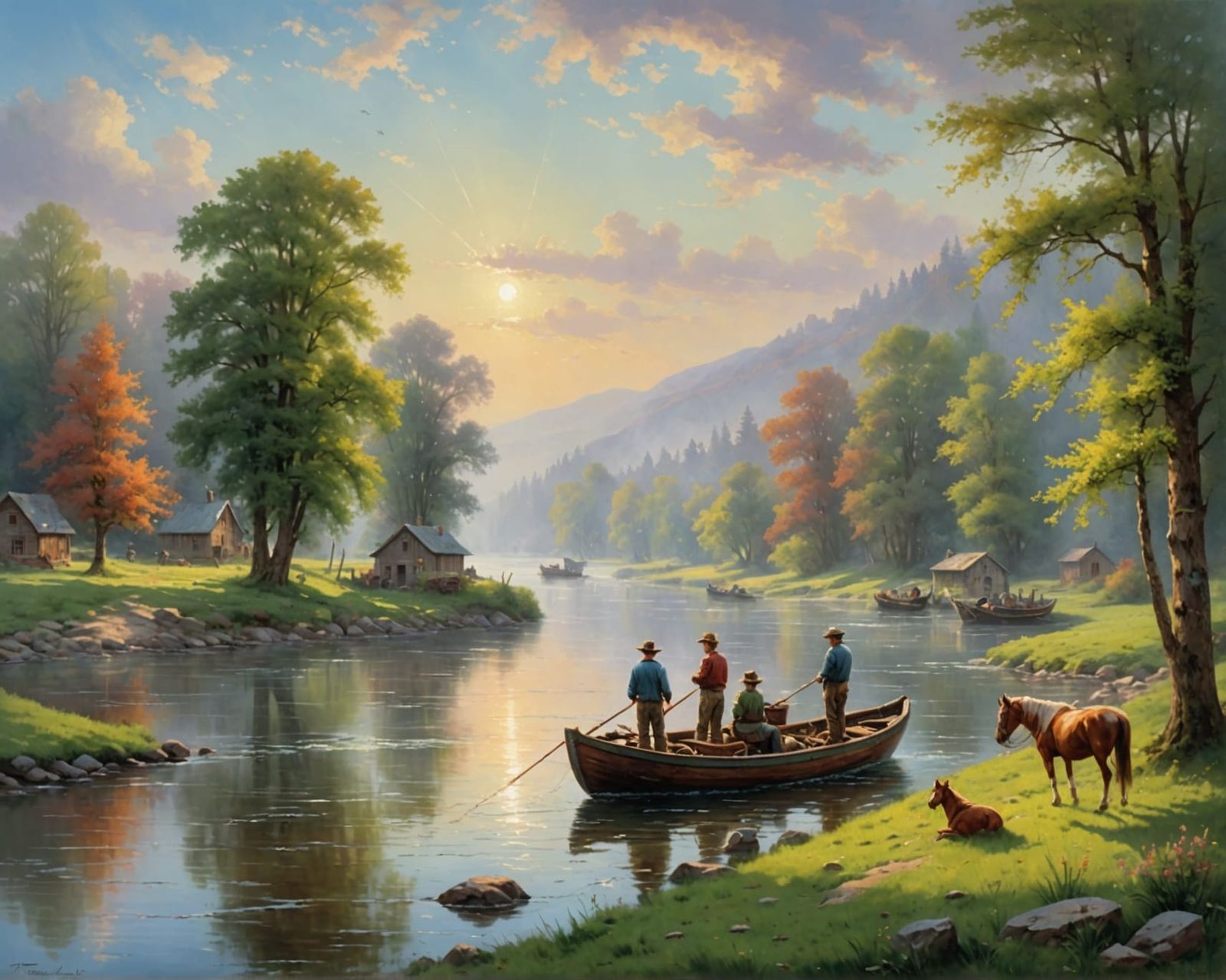 Family Fishing Scene in Ethereal Oil Painting