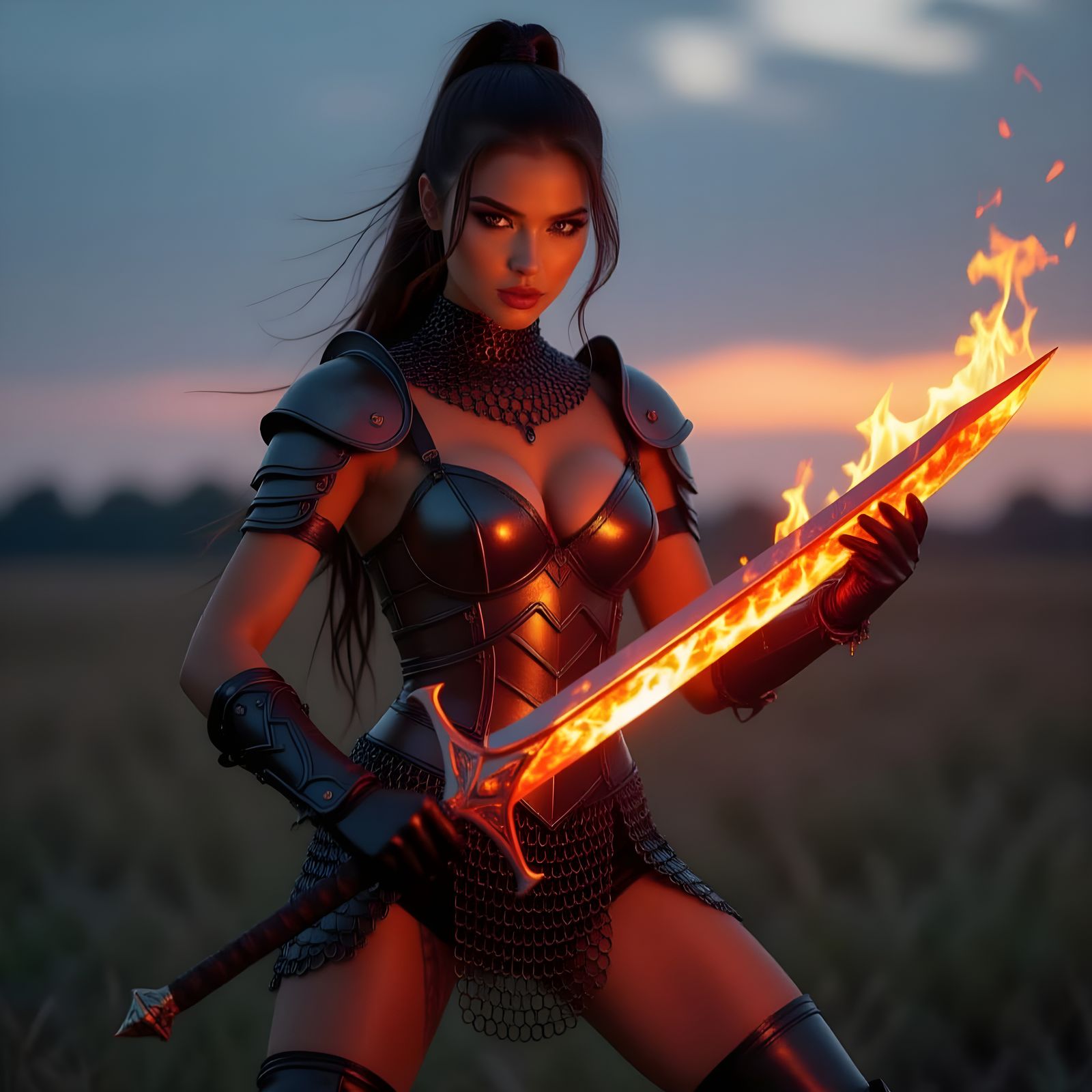 Fiery Swordswoman in Dark Fantasy Battlefield