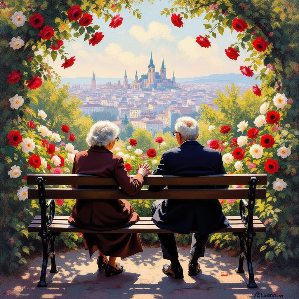 Elderly Couple in Rose Garden with City View