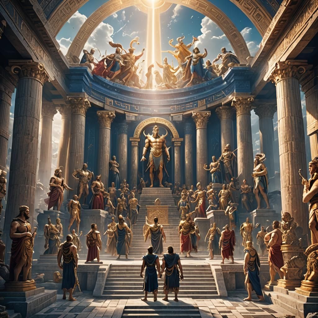 Seven Greek Gods in a Heavenly Temple