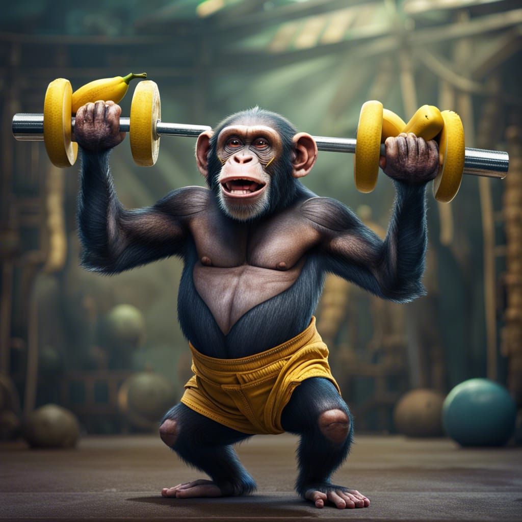 Chimpanzee Weightlifter with Banana Dumbbell