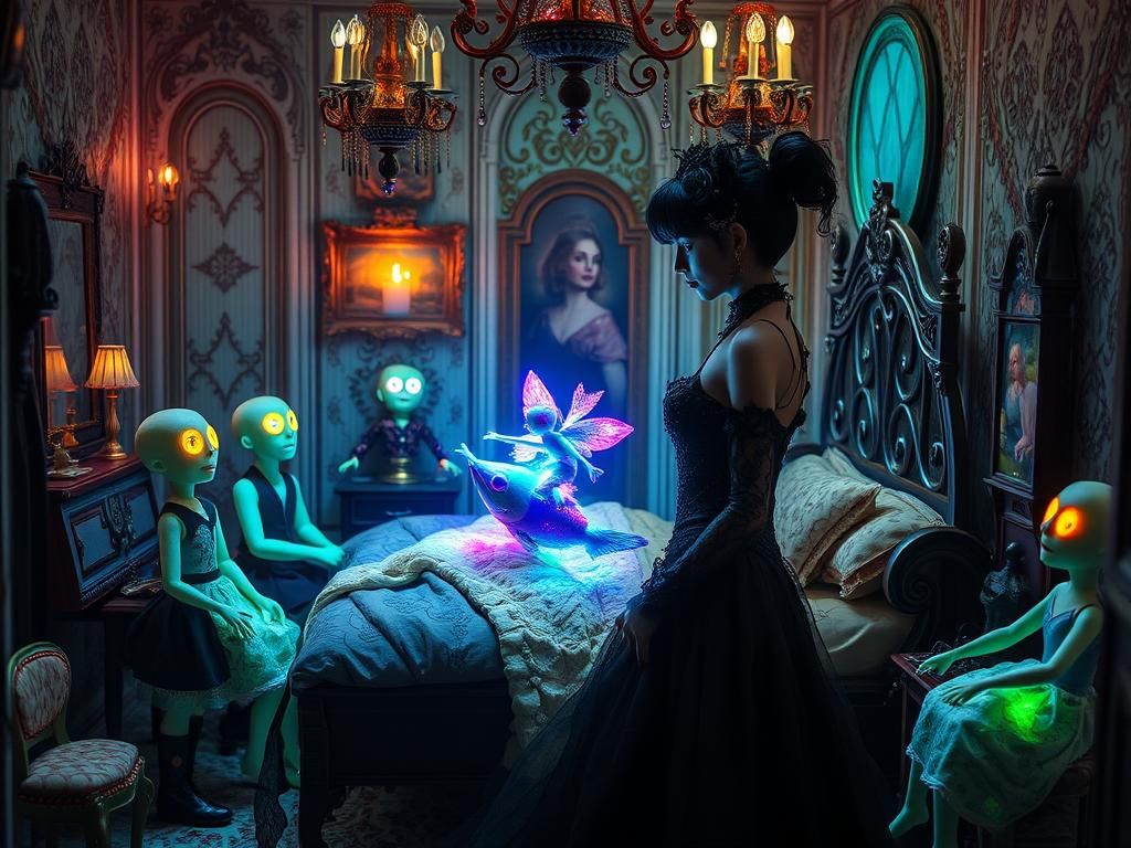 Gothic Doll Master in Surreal Glass Village