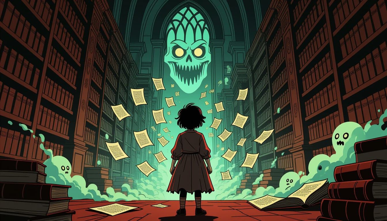 Terrified Child in Gothic Library, Bruce Timm Style
