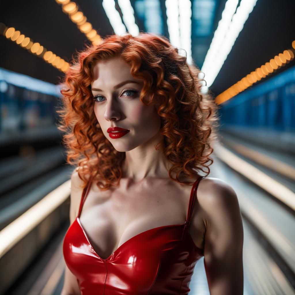 Redhead in Red Dress Awaits Bullet Train
