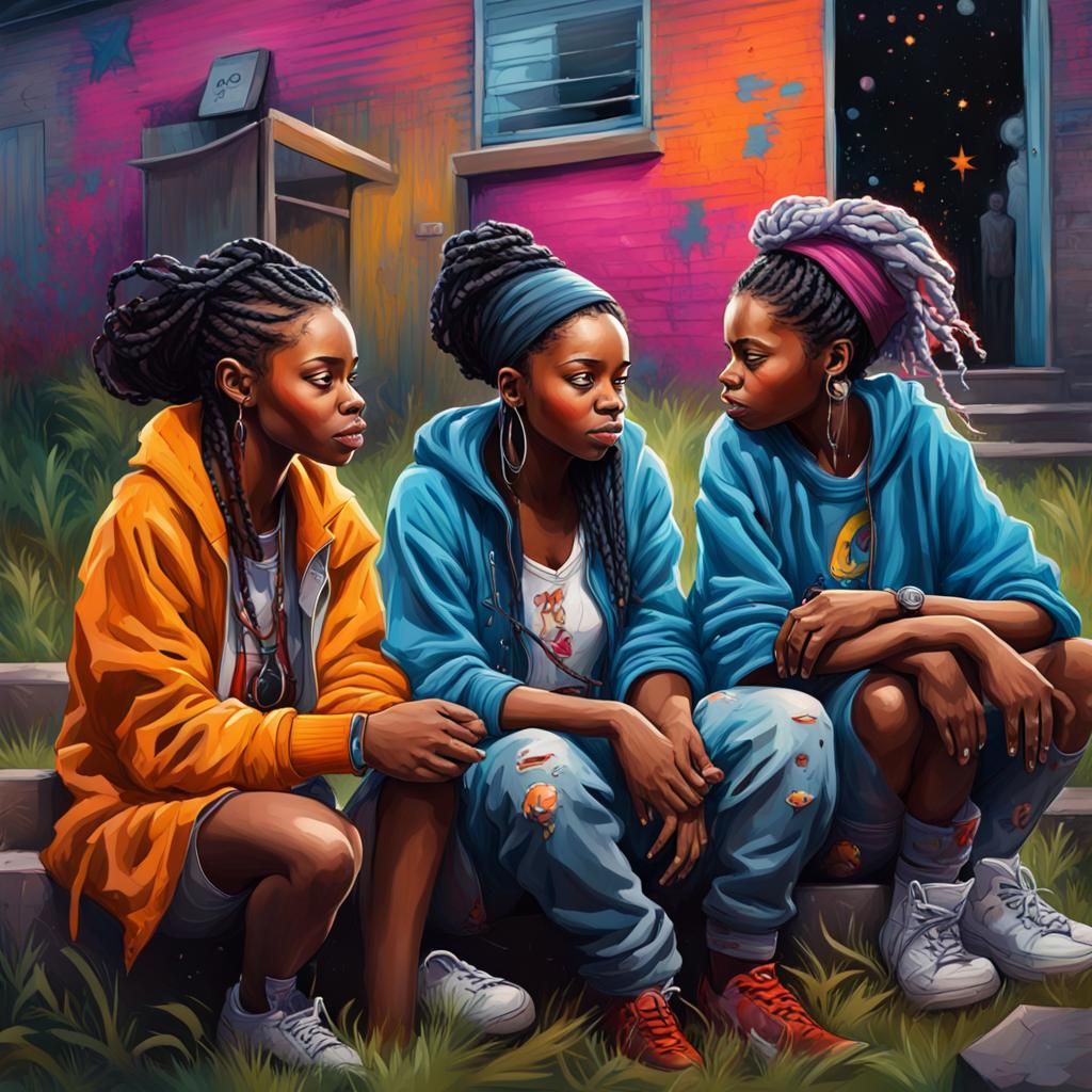 Griot Storytellers Under Stars in Graffiti Art Style