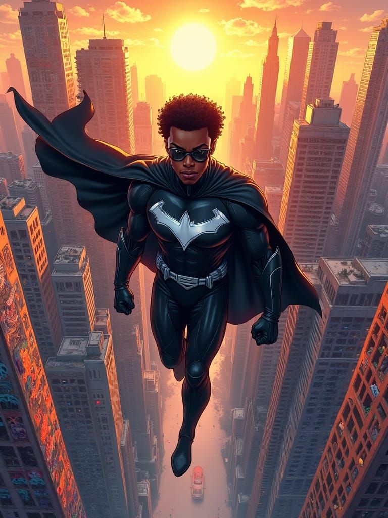 Superhero Soaring Over Vibrant City in Anime Style