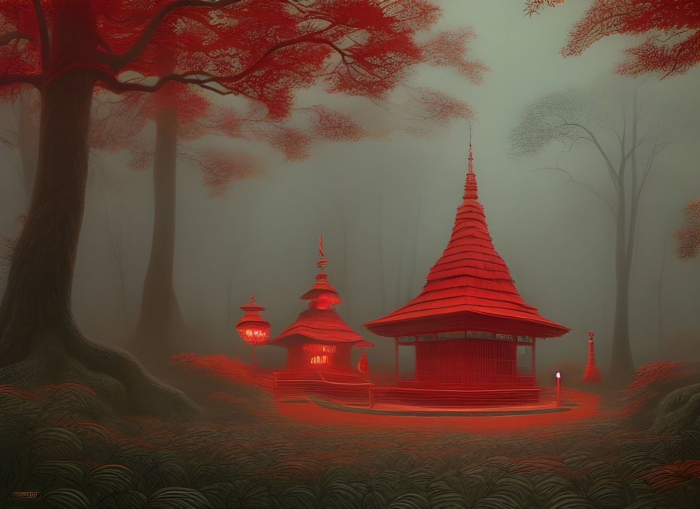 Glowing Red Shrine in Haunted Forest, Surrealist Style