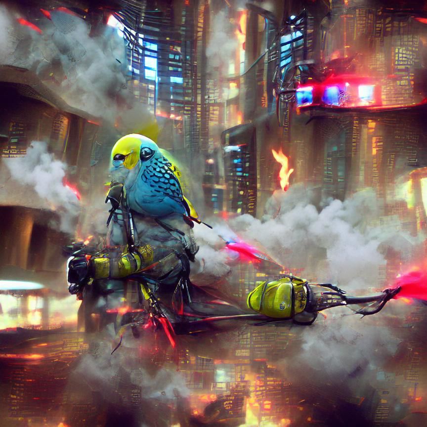 Cyberpunk Budgie Firefighter in Futuristic Style