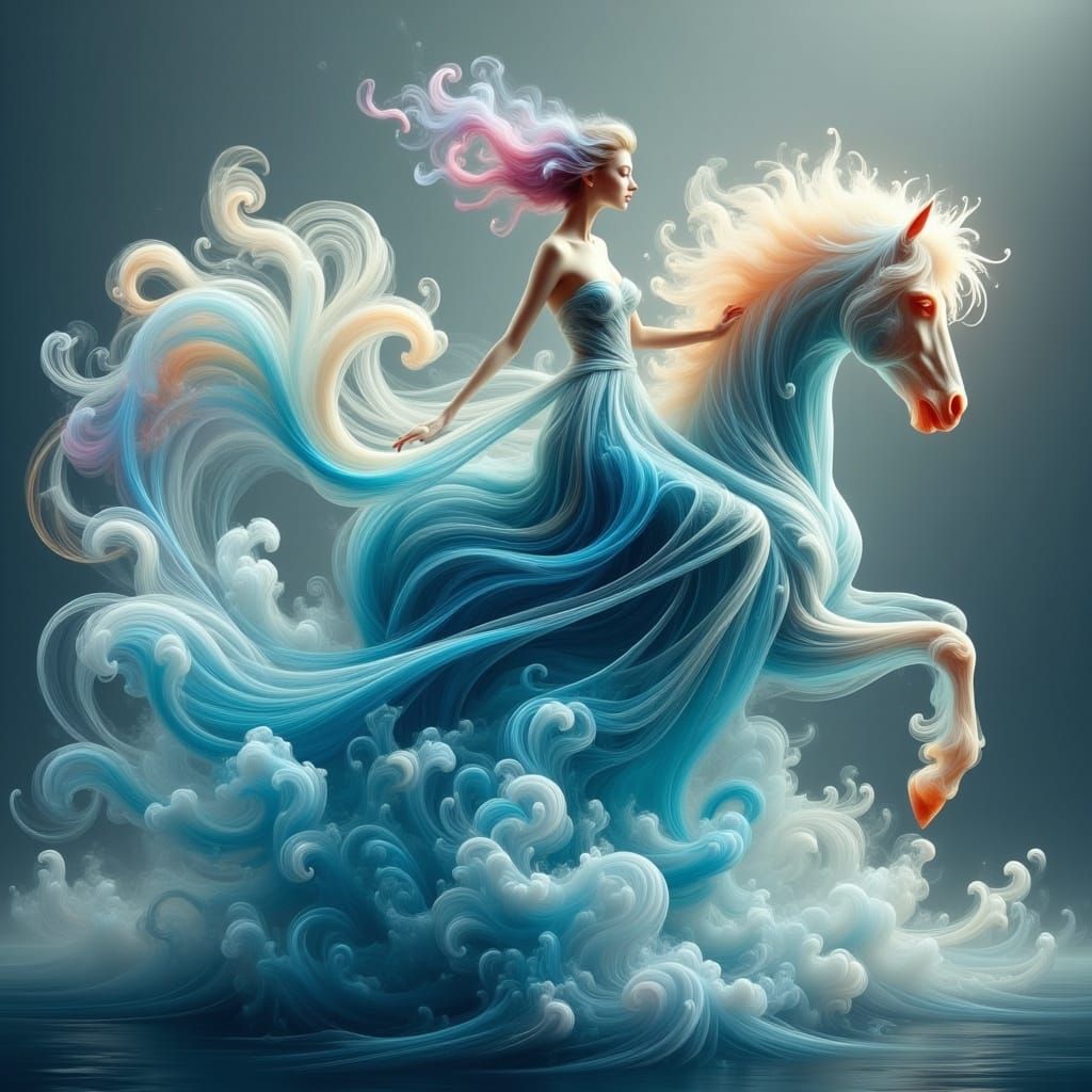 Ethereal Water Spirit on Rainbow Horse Emerge from Foamy Sea...