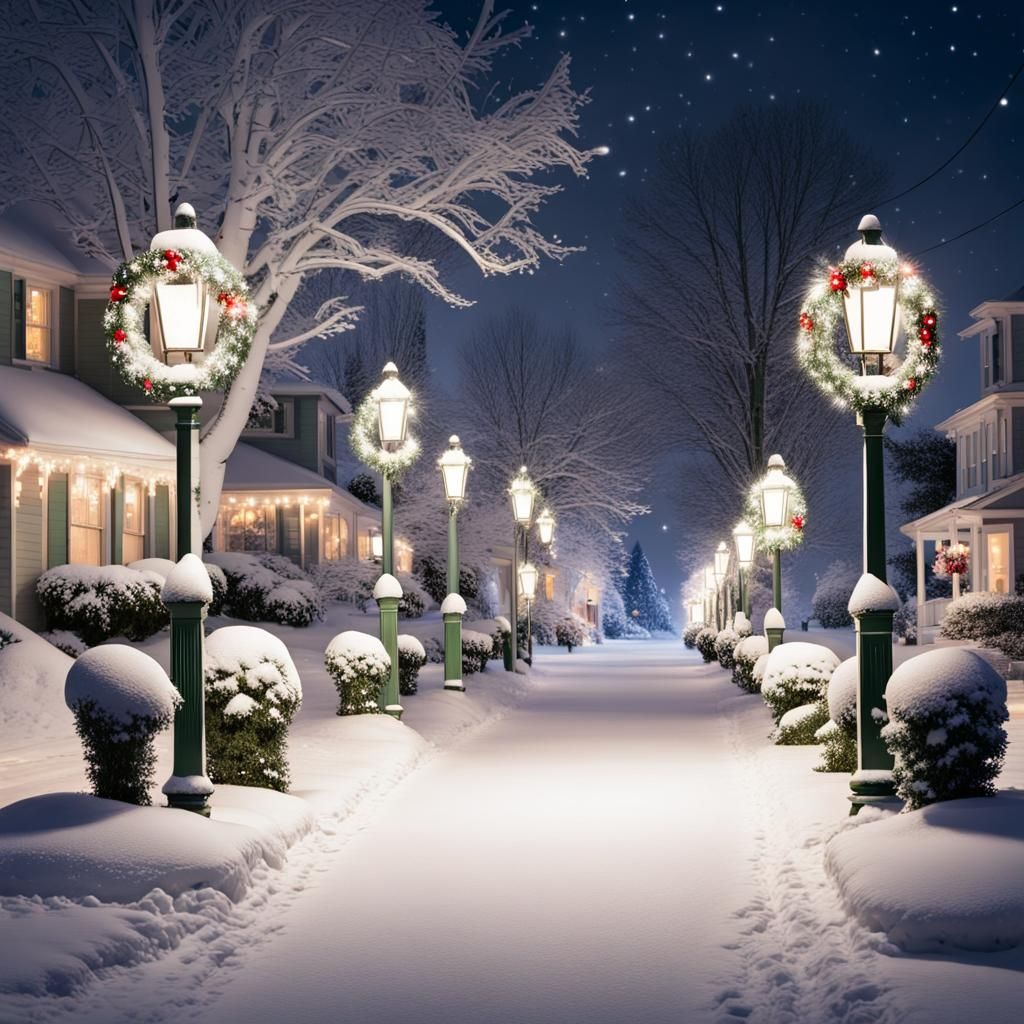 Snowy Nighttime Neighborhood Scene with Christmas Lights