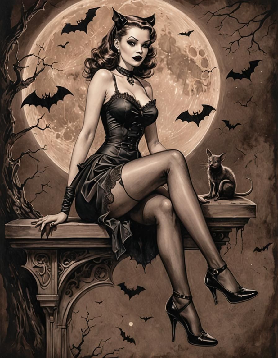 Gothic Pin-Up in Sepia Charcoal Drawing
