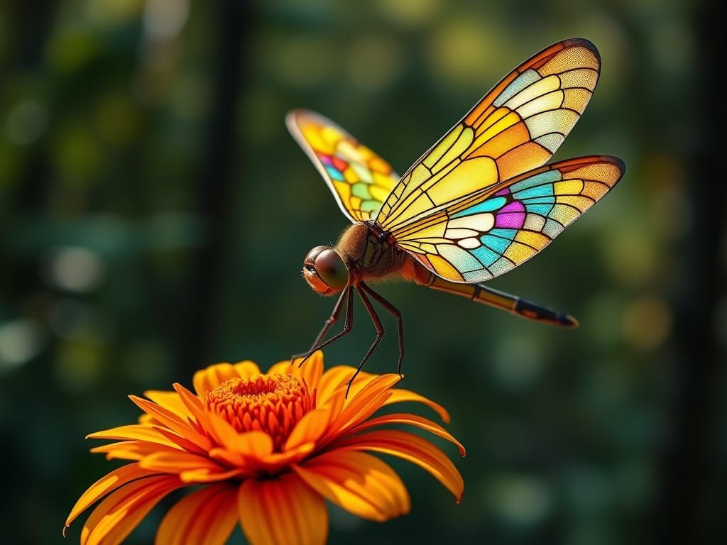 Stained Glass Dragonfly on Gazania Flower: Hyperrealistic Ma...