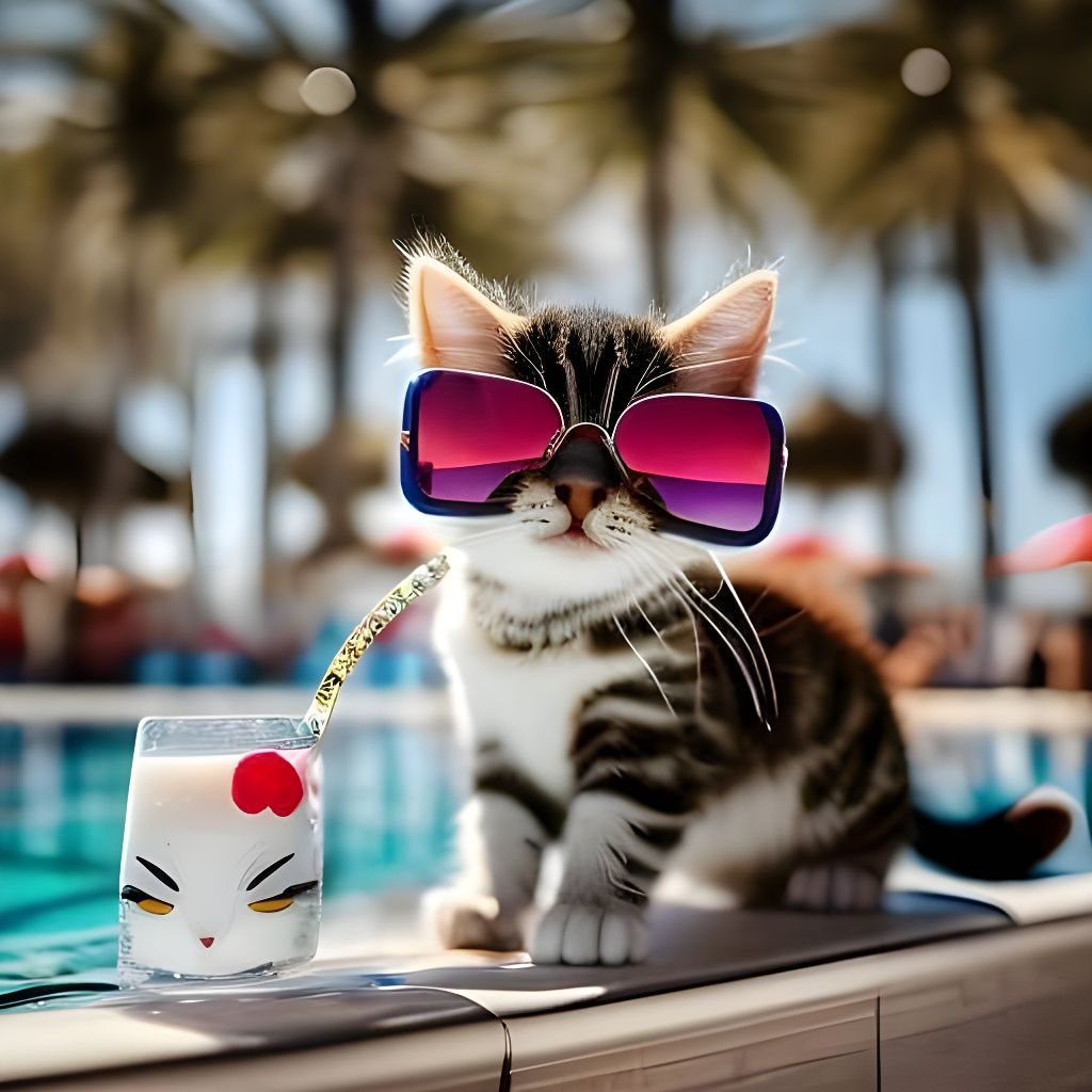 Cute Chibi Kitten Relaxing by Pool, Bokeh Photography