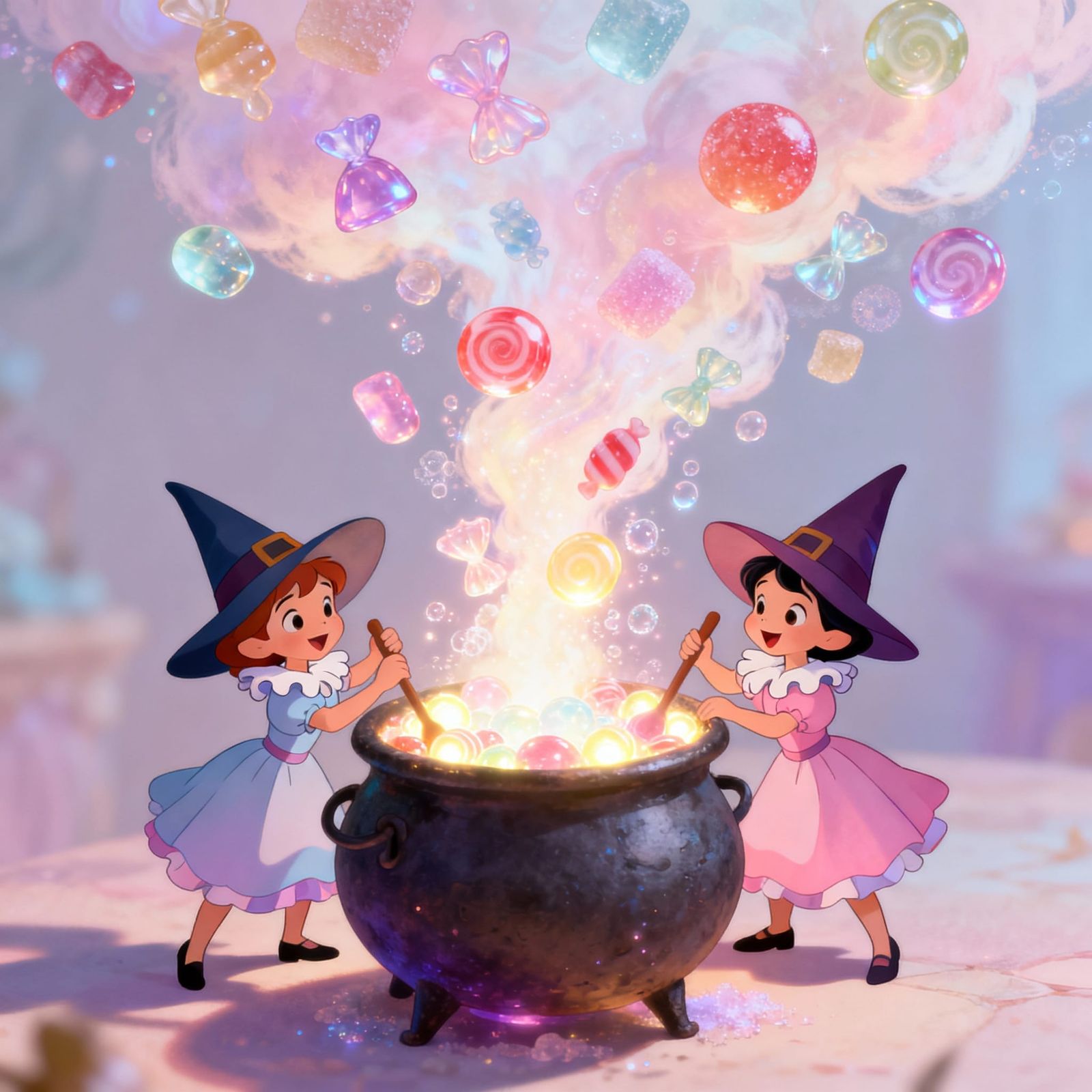 Tiny Witches Stir Candy Cauldron in Disney Animation Style