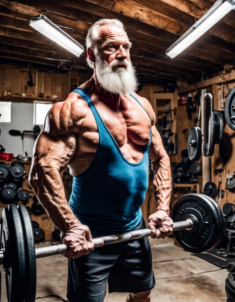 Handsome Bodybuilder Lifts Weights in Garage