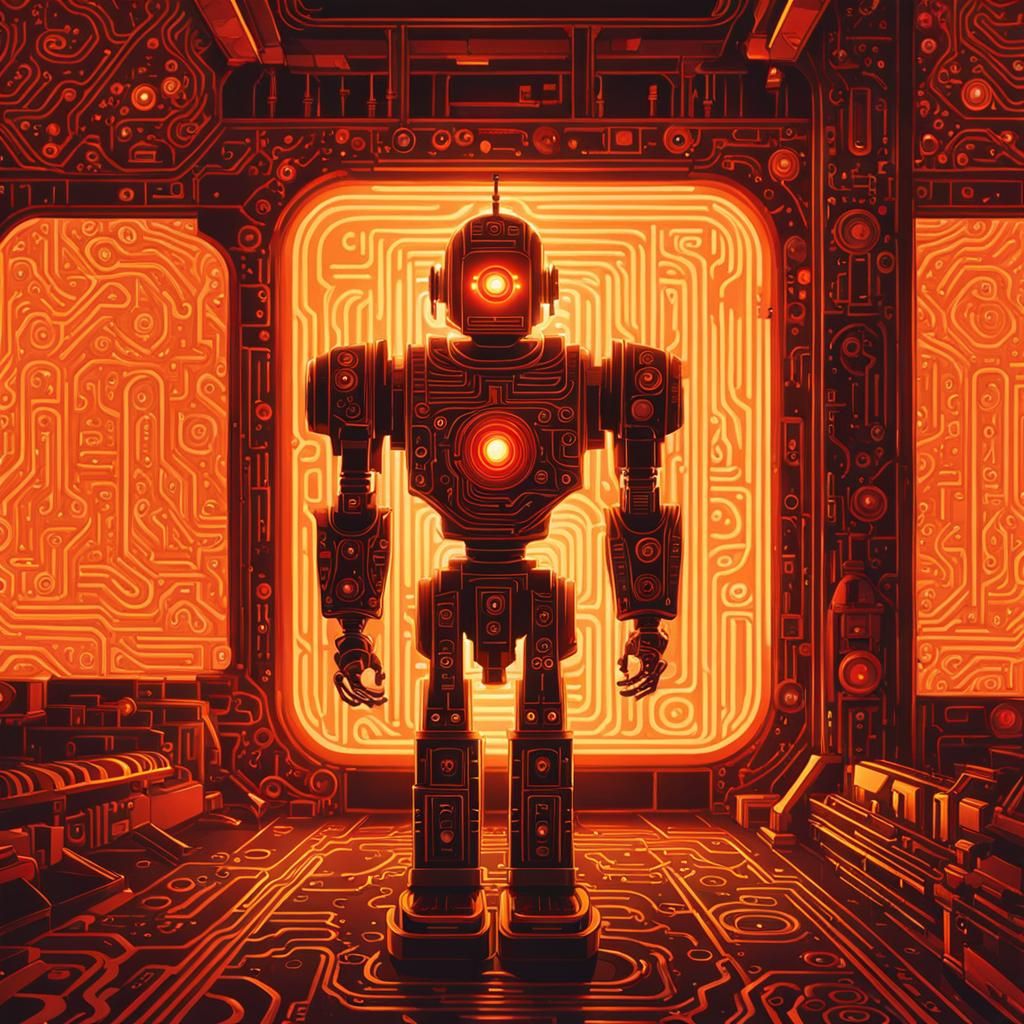 Robot Guard in Klimt-Inspired Sci-Fi Laboratory