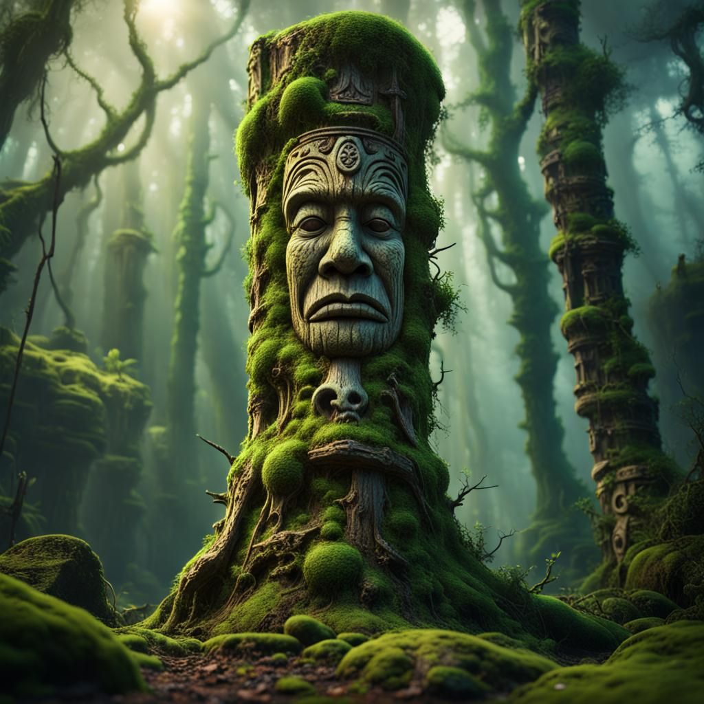 Sacred Totem Pole in Overgrown Rainforest