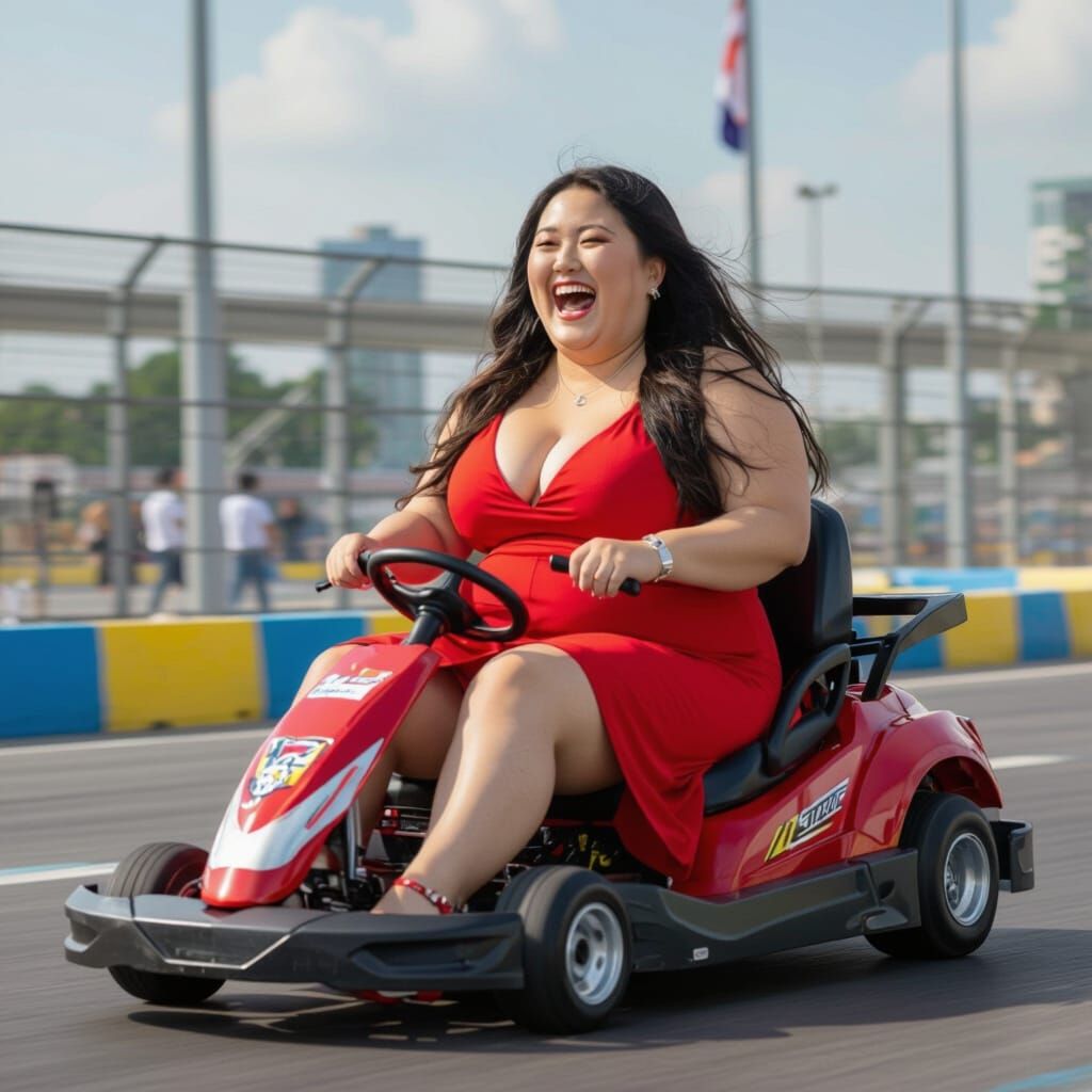Obese Asian Woman Laughs Driving Go-Kart in Red Dress