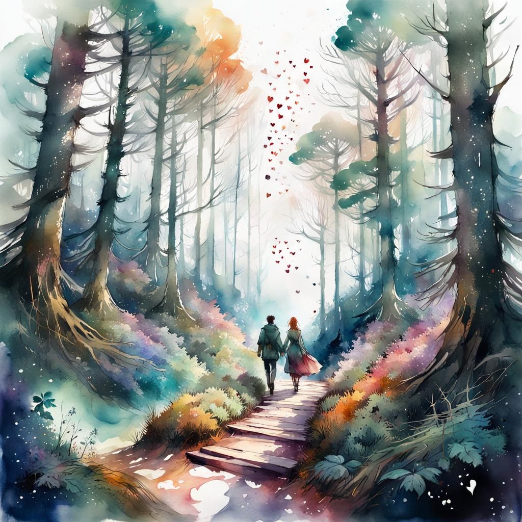 Cute Couple Walking in Irish Forest Watercolor