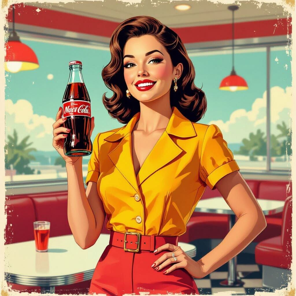 Retro Woman in Diner Advertising Nuca Cola