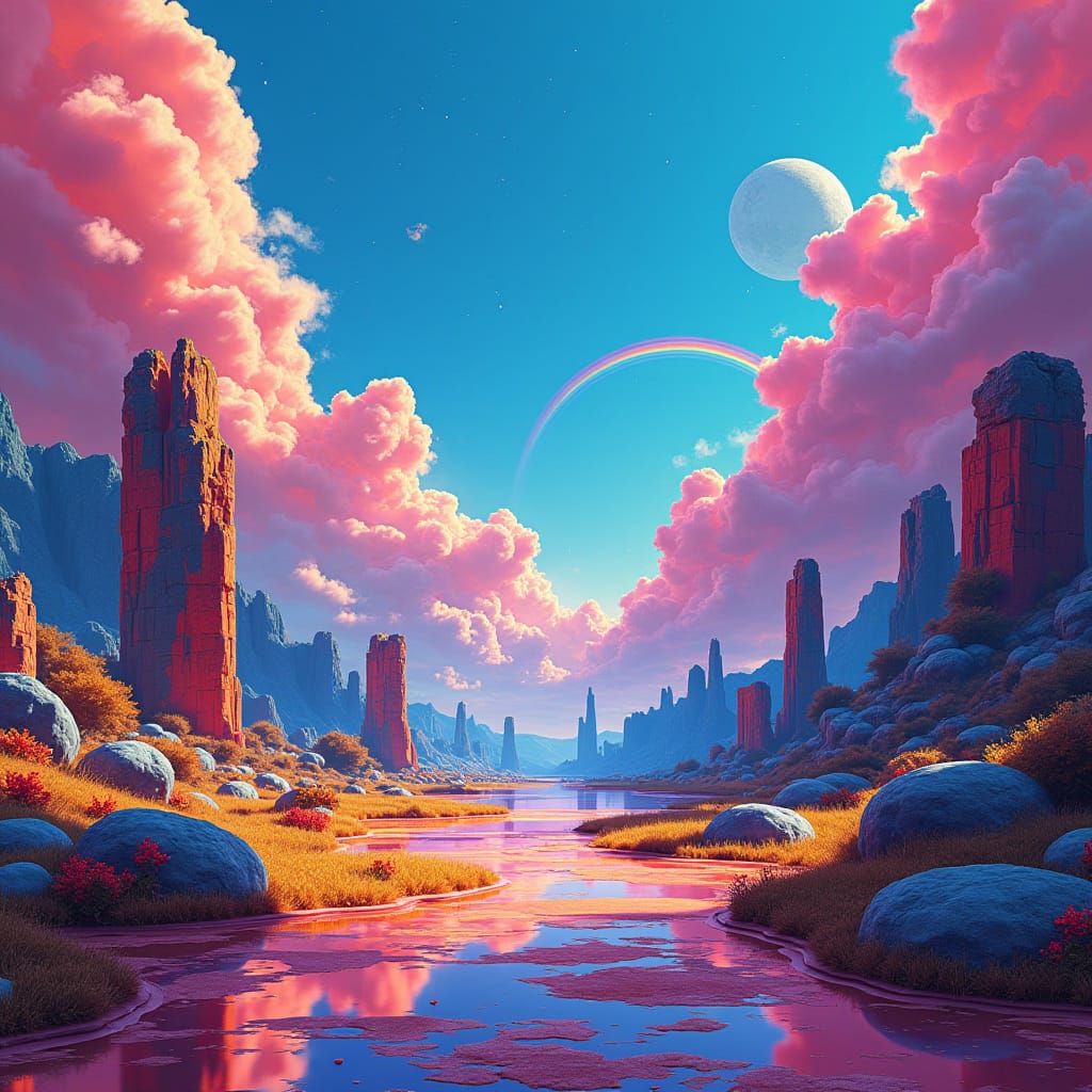 Dreamlike Landscape with Geometric Shapes and Iridescent Mis...