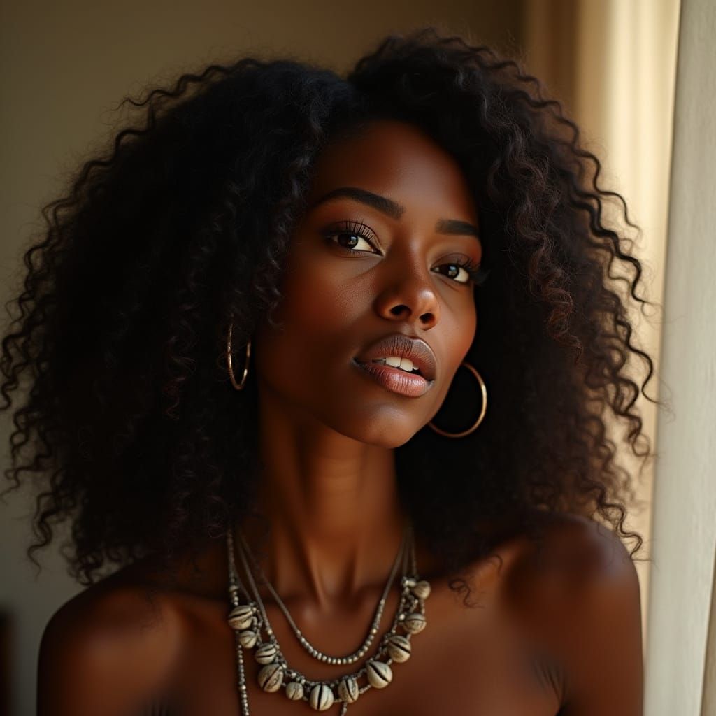 Black woman with long curly hair. realistic.