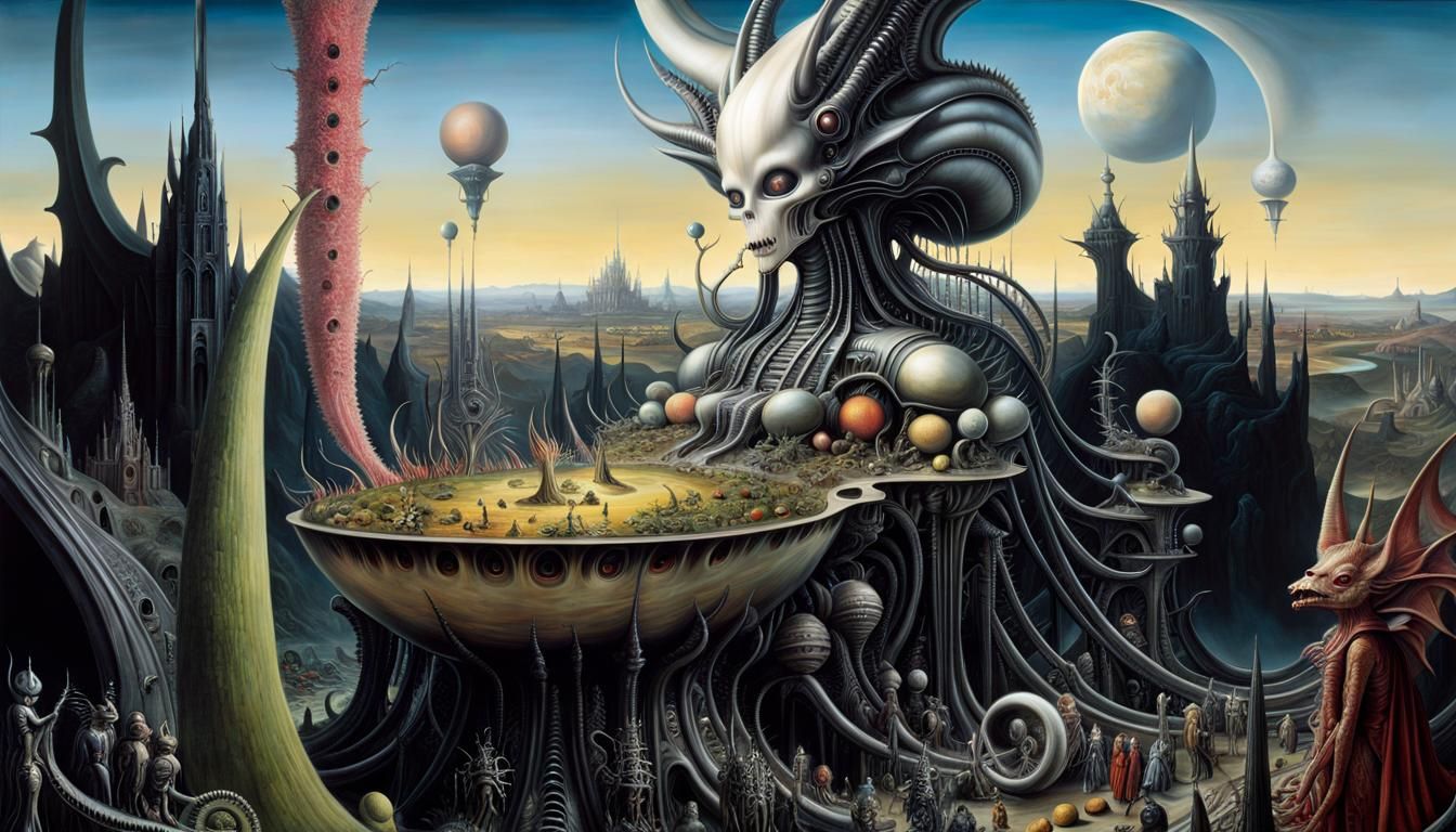 Surreal Cryptozoic Landscape Inspired by Giger, Bosch