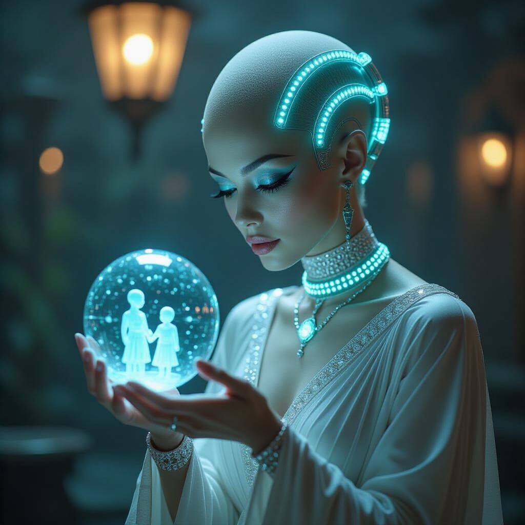 Art Deco Cyborg Starlet with Alien Family Hologram