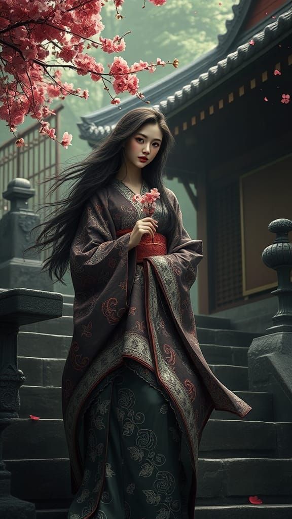 Classical Woman in Kimono with Cherry Blossom