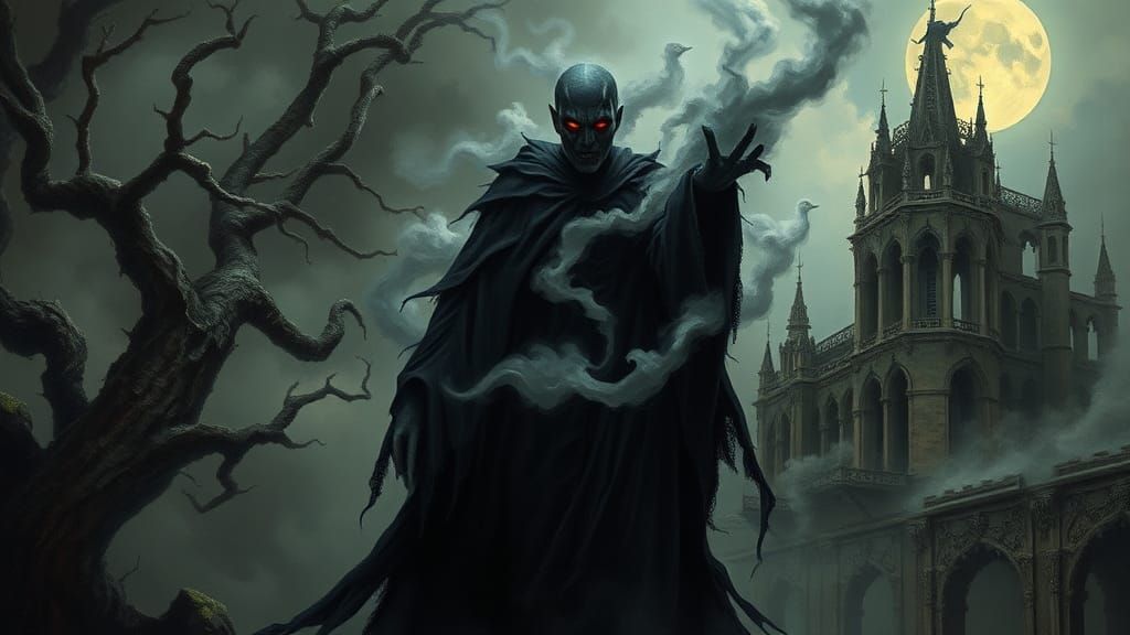 Gothic Vampire in Eerie Landscape as Oil Painting