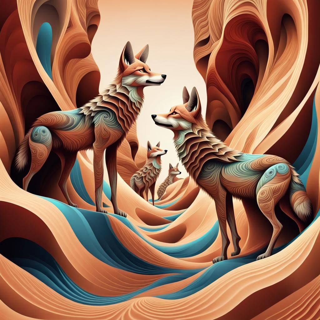 Coyotes Dancing in Desert Canyon with Fractals