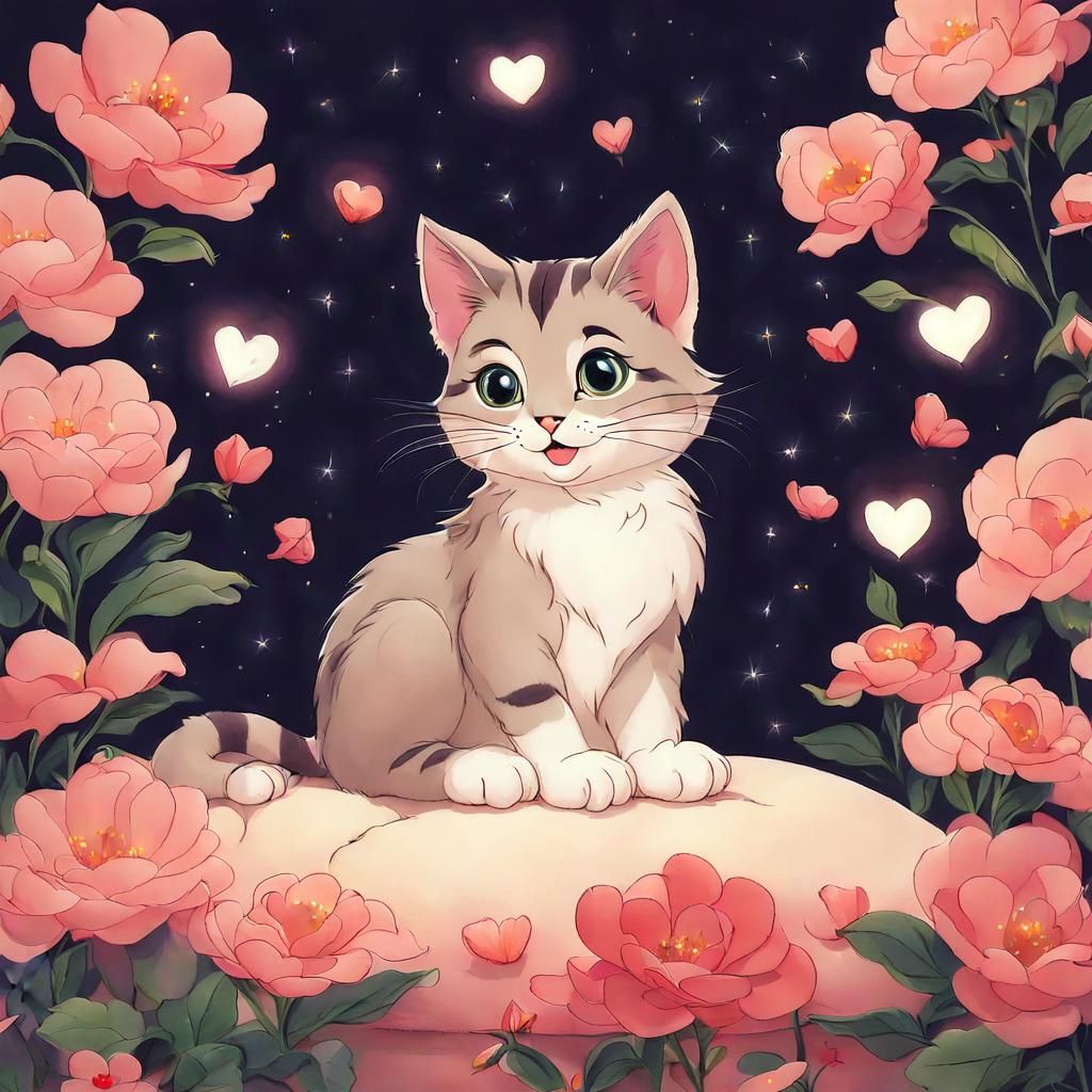 Cute Cat Surrounded by Flowers and Heart Lights
