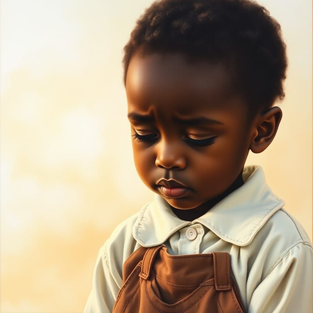 Sorrowful Child Portrait in Watercolor and Encaustic Style