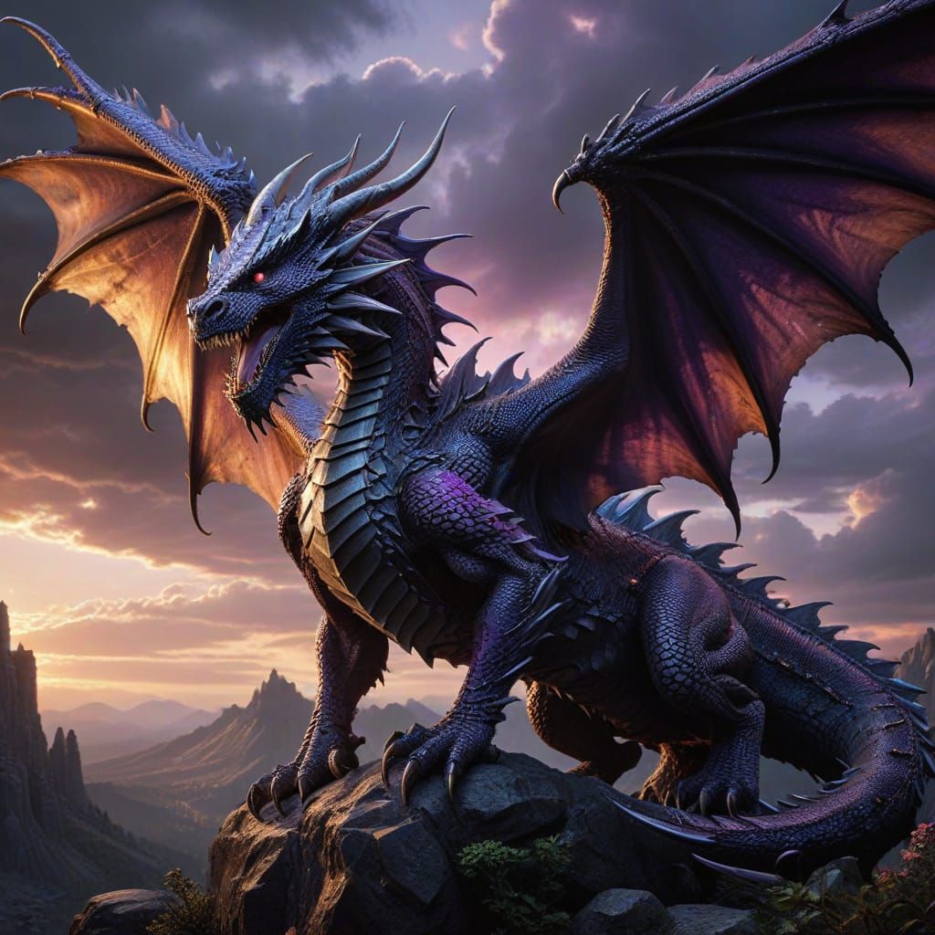 Majestic Dragon Tangled in Wings at Purple Sunset