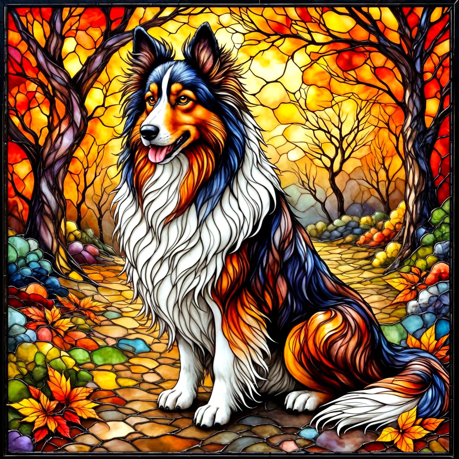 Collie Dog in Park Stained Glass Style